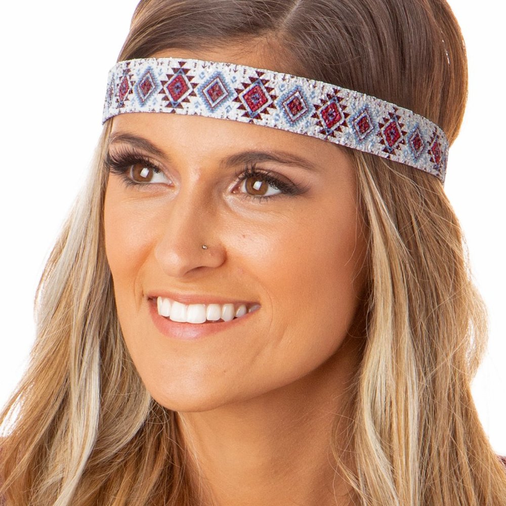Hipsy Adjustable Sparkly Glitter Aztec Maroon & Blue Wide Non-Slip Headband